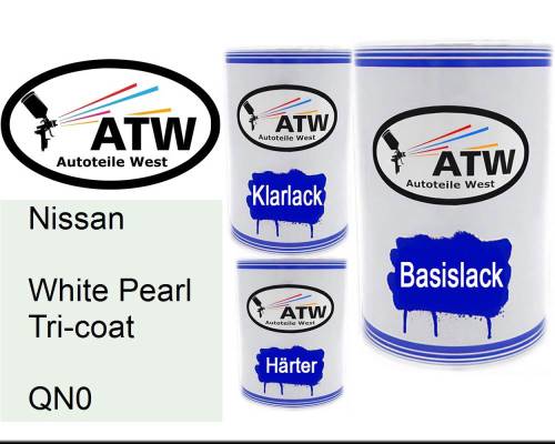 Nissan, White Pearl Tricoat, QN0: 500ml Lackdose + 500ml Klarlack + 250ml Härter - Set, von ATW Autoteile West.